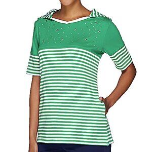 Quacker Factory Stars & Stripes Elbow Sleeve Hooded T-Shirt  16269